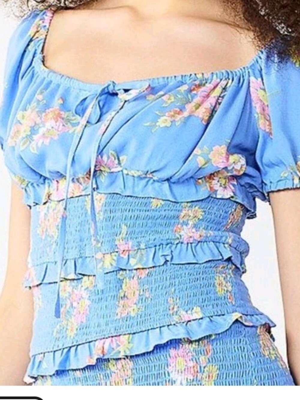 SO Blue Floral Smocked Tiered Tie-Front Ruffle Crop Top